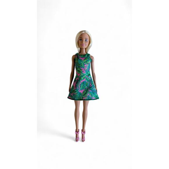 Barbie Other - Barbie Doll in Green Pink Tropical Dress Pink High Heel Shoes From Dream Closet